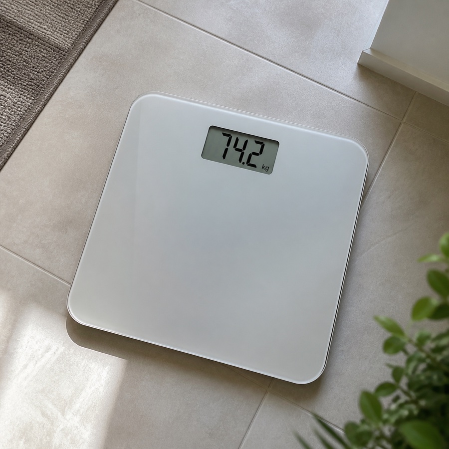 Photo of a digital scale reading 74.2 kg