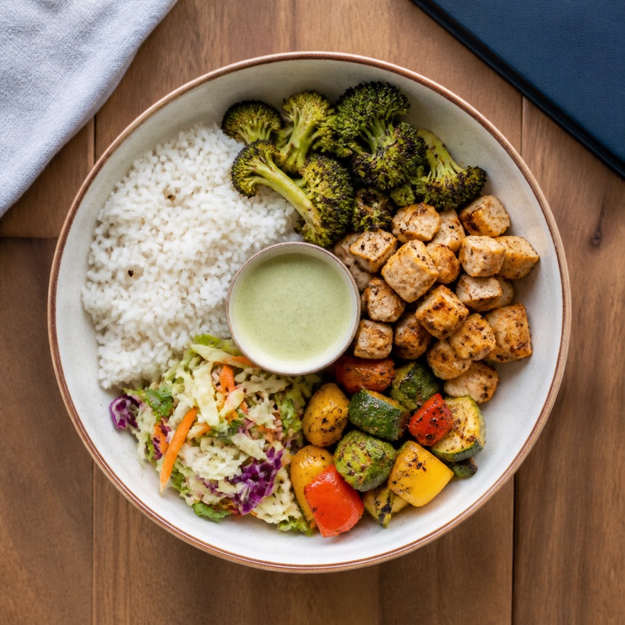Photo of a rice bowl with vegetables and protein